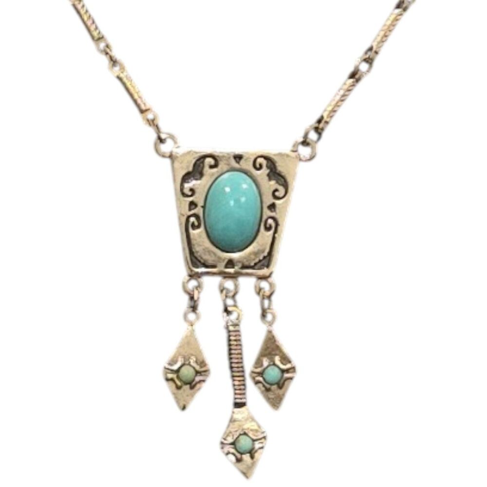 Vintage Southwestern Style Turquoise Pendant Necklace Silver Tone Dangle Design